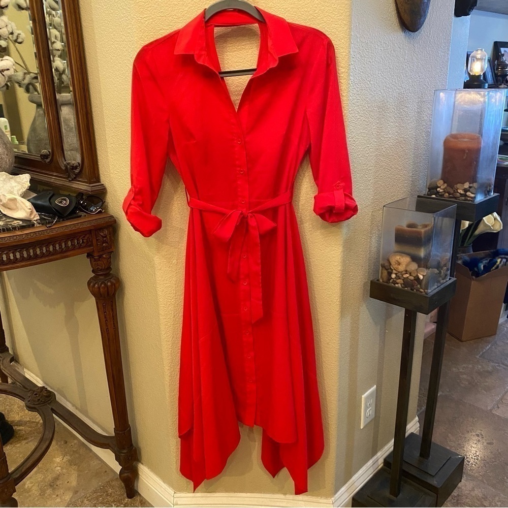 TOPSHOP Women Red Button Asymmetrical Tie Waist Dress Size 2